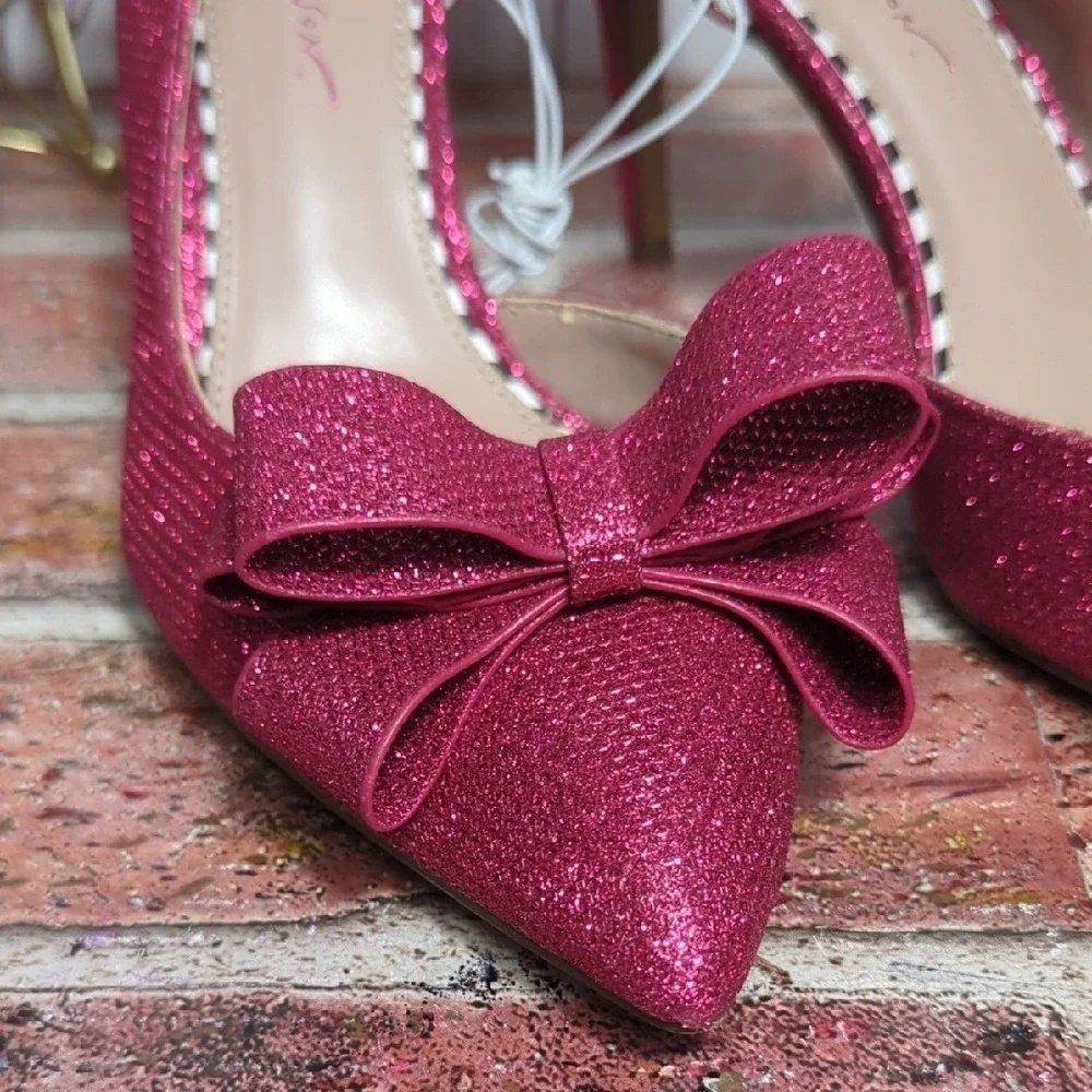Betsey Johnson Pink Glitter Bow High Heels Party Birthday Coquette Girly 9 NWOT - Picture 6 of 15